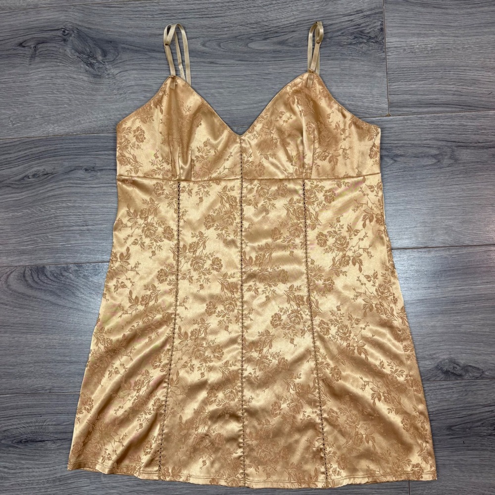 Victoria's Secret Y2K Gold Floral Jacquard Satin Slip Dress Corset Back Medium